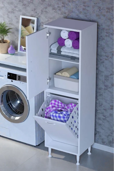 Eliusta Miretta Üst Bölme Kapaklı Altı Kirli Sepetli Dolap 45 cm Genişlik Beyaz 45x138x32,5 cm Dolap ürün görseli 1