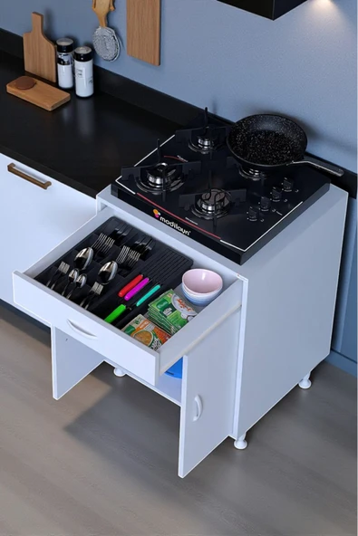 Eliusta Lumin Tüp Yuvalı 60 cm Ankastre Ocak Altı Dolap 60x88x48 cm Beyaz Dolap Çekmeceli Mutfak Organizeri ürün görseli 1