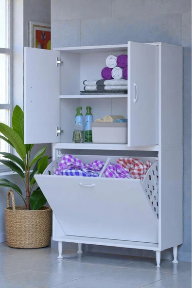 Eliusta Miretta Üst Bölme Kapaklı Altı Kirli Sepetli Dolap 85 cm Genişlik Beyaz 85x138x32,5 cm Dolap ürün görseli 1