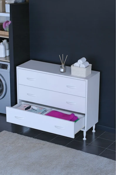 Eliusta Seçer 3 Çekmeceli 90 cm Banyo ve Mutfak Dolabı Beyaz 90x75x32,5 cm Çok Amaçlı Organizer Dolap ürün görseli 1