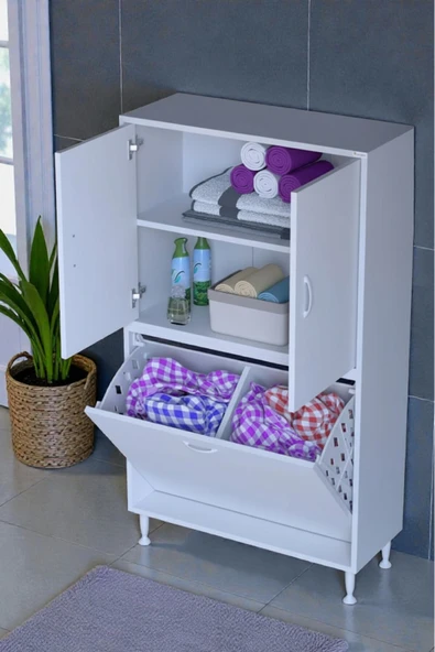 Eliusta Miretta Üst Bölme Kapaklı Altı Kirli Sepetli Dolap 80 cm Genişlik Beyaz 80x138x32,5 cm Dolap ürün görseli 1