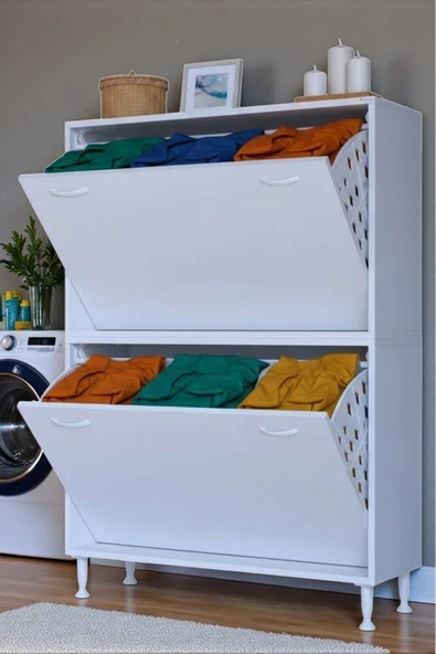 Veluna 100 cm Kirli Çamaşır Sepetli Dolap Banyo Dolabı Beyaz 100x138x32,5 cm 6 Sepetli Dolap