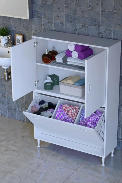 Eliusta Miretta Üst Bölme Kapaklı Altı Kirli Sepetli Dolap 100 cm Genişlik Beyaz 100x138x32,5 cm Dolap ürün görseli 1