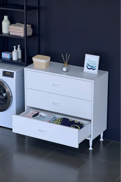 Eliusta Seçer 3 Çekmeceli 85 cm Banyo ve Mutfak Dolabı Beyaz 85x75x32,5 cm Çok Amaçlı Organizer Dolap ürün görseli 1