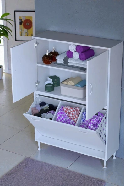 Eliusta Miretta Üst Bölme Kapaklı Altı Kirli Sepetli Dolap 95 cm Genişlik Beyaz 95x138x32,5 cm Dolap ürün görseli 1