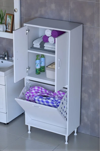 Eliusta Miretta Üst Bölme Kapaklı Altı Kirli Sepetli Dolap 55 cm Genişlik Beyaz 55x138x32,5 cm Dolap ürün görseli 1