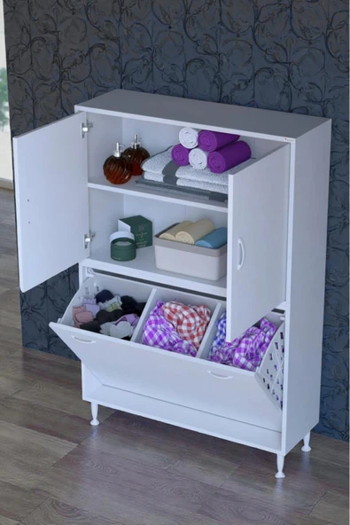 Eliusta Miretta Üst Bölme Kapaklı Altı Kirli Sepetli Dolap 90 cm Genişlik Beyaz 90x138x32,5 cm Dolap ürün görseli 1