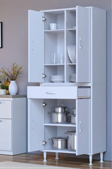 Eliusta Line Beyaz 65 cm Banyo Dolabı Çok Bölmeli Banyo Düzenleyici Dolap 4 Kapaklı 4 Raflı 65x173x32,5 cm ürün görseli 1