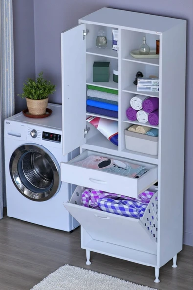 Eliusta Rule Sepetli Banyo/Mutfak Dolabı 65 cm Genişliğe Sahip 65x171x32,5 cm Bir Sepetli Beyaz Dolap ürün görseli 1