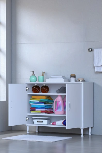 Eliusta Sabir 90 cm 2 Raflı Beyaz Banyo Mutfak Dolabı 3 Bölmeli Çok Amaçlı Dolap 90x75x32,5 cm Düzenleyici ürün görseli 1
