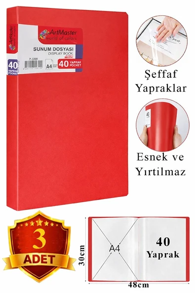 Kırmızı Sunum Dosyası 40 lı 3 Adet Poşet Dosyalı Katalog Dosyası 40 Poşetli Kendinden Dosya Plastik Kapaklı ürün görseli 1