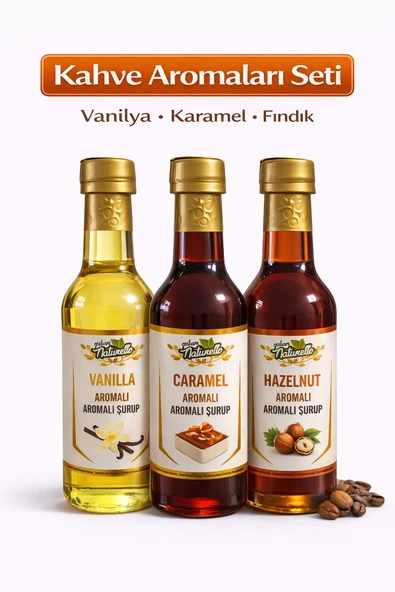Naturello Kahve Şurubu Seti 3'lü 300 ml (Vanilya, Karamel ve Fındık Aromalı) ürün görseli 1
