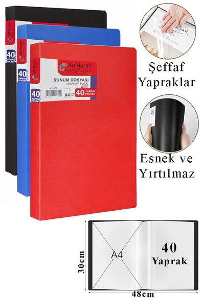 Mavi Siyah Kırmızı Sunum Dosyası 40 lı 3 Adet Poşet Dosyalı Katalog Dosyası 40 Poşetli Kendinden Dosya Plastik Kapaklı ürün görseli 1