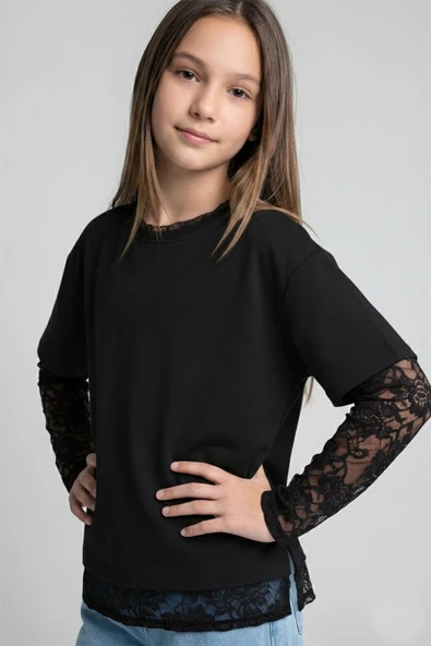 Dmb Boys & Girls Kız Çocuk Dantel Kollu Tshirt Siyah ürün görseli 1