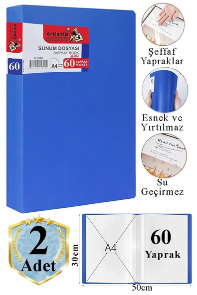 Mavi Sunum Dosyası 60 lı 2 Adet Poşet Dosyalı Katalog Dosyası 60 Poşetli Kendinden Dosya Plastik Kapaklı ürün görseli 1