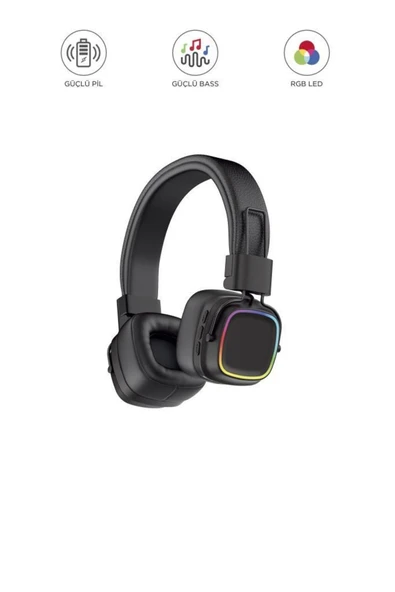 HD-12 Siyah RGB Işıklı Güçlü Bas Kulak Üstü Kablosuz Bluetooth Kulaklık ürün görseli 1