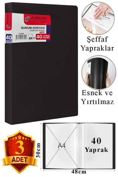 Siyah Sunum Dosyası 40 lı 3 Adet Poşet Dosyalı Katalog Dosyası 40 Poşetli Kendinden Dosya Plastik Kapaklı ürün görseli 1
