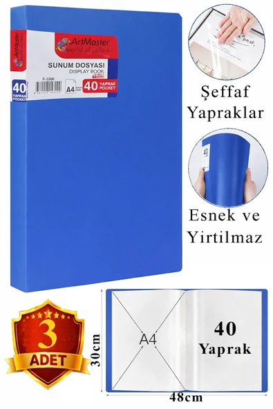 Mavi Sunum Dosyası 40 lı 3 Adet Poşet Dosyalı Katalog Dosyası 40 Poşetli Kendinden Dosya Plastik Kapaklı ürün görseli 1