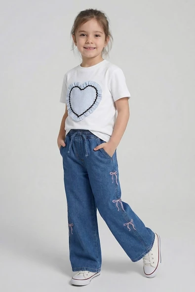 Dmb Boys & Girls Kız Çocuk Yanları Fiyonklu Kot Pantolon İndigo ürün görseli 1