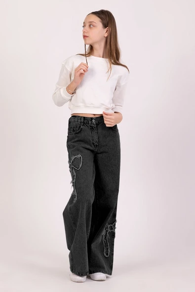 Dmb Boys & Girls Kız Çocuk Kurdele İşlemeli Kot Pantolon Füme ürün görseli 1