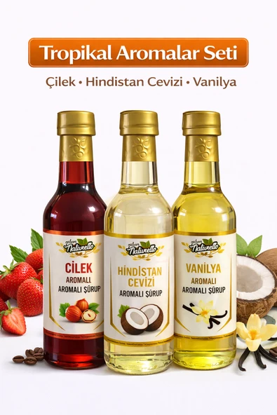 Naturello Tropikal Şurup Seti 3'lü 300 ml (Çilek, Hindistan Cevizi ve Vanilya Aromalı) ürün görseli 1