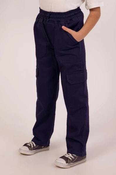 Dmb Erkek Çocuk Ayarlanabilir Lastikli Bel Düğme+Fermuar Kapama Kargo Cepli Dokuma Kot Jeans Pantolon Lacivert ürün görseli 1