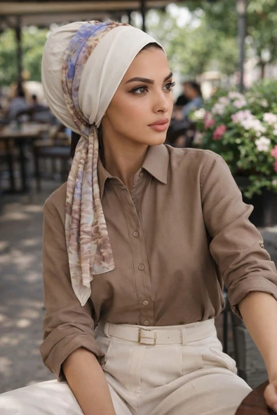 Kemik Bej Batik Fularlı Bone ürün görseli 1