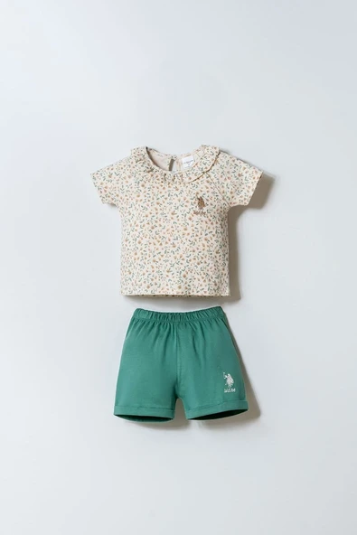 U.S. Polo Assn Kız Bebek 2 li Şort T-shirt Takım Ekru-Yeşil ürün görseli 1