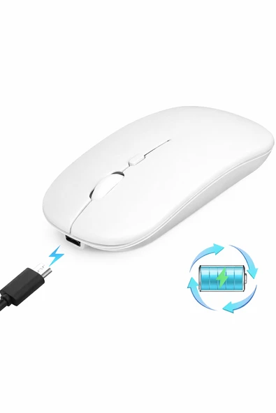 Şarjlı Bluetooth + 2.4GHz Kablosuz Mouse Sessiz Tıklama Çift Mod Bağlantı Beyaz Ergonomik Laptop PC Uyumlu Mouse ürün görseli 1