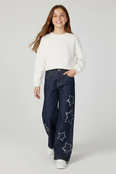 Dmb Boys & Girls Kız Çocuk Pamuklu Yıldız İşlemeli Geniş Paça Kot Pantolon Lacivert ürün görseli 1