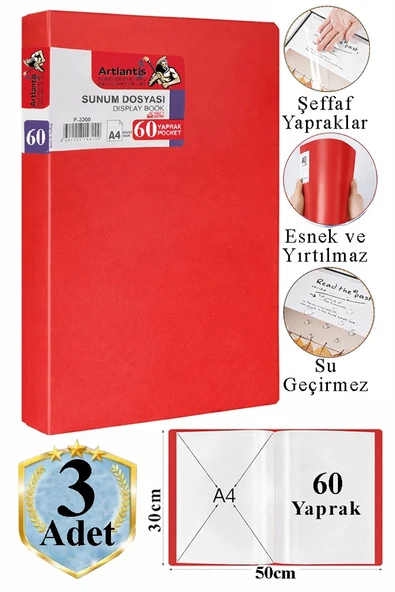 Kırmızı Sunum Dosyası 60 lı 3 Adet Poşet Dosyalı Katalog Dosyası 60 Poşetli Kendinden Dosya Plastik Kapaklı ürün görseli 1