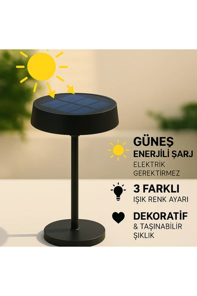 Cata CT-8450 Dubai Solar Şarjlı LED Masa Lambası Siyah Kasa 3 Renk Ayarlı Dimmerli Dekoratif Aydınla ürün görseli 1