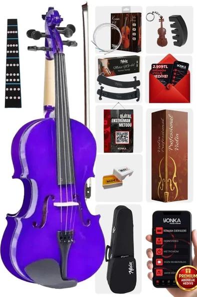 Midex HGA44PU-TYS Mor 4/4 Tam Boy Keman Seti (Yastık Yedek Tel Susturucu Çanta Yay Reçine Metod) ürün görseli 1