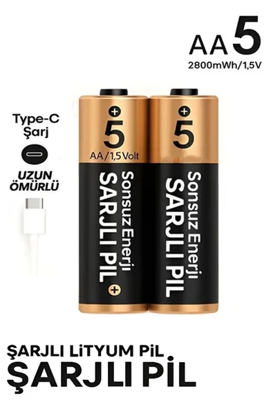 Şarjlı Kalın Kalem Pil AA Şarj Edilebilir Pil 1.5V 2800mWh Lityum-İon Kalın Pil AA 5 Type-C Şarjlı ürün görseli 1