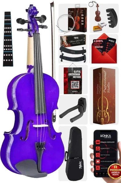 Midex HGA44PU-PAK Mor 4/4 Tam Boy Keman Seti (Yastık Susturucu Çanta Yay Reçine Yedek Tel Metod) ürün görseli 1
