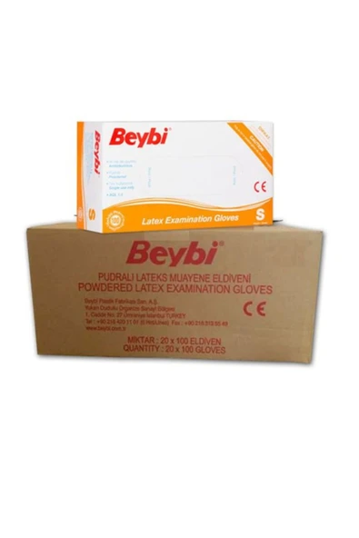 Beybi Latex Pudralı Beyaz Muayene Eldiveni Small 100'lü Paketlerde 1 Koli 20 Paket ürün görseli 1