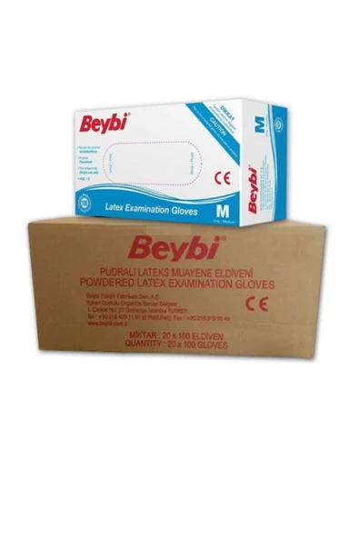 Beybi Latex Pudralı Beyaz Muayene Eldiveni Medium 100'lü Paketlerde 1 Koli 20 Paket ürün görseli 1