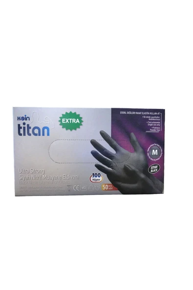 Titan Koin Titan Ekstra Kalın Siyah Nitril Muayene Eldiveni Orta M Beden 50'Lİ ürün görseli 1