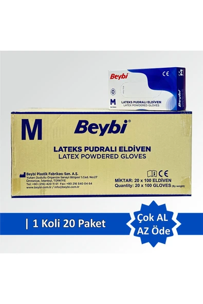 Beybi Lateks Pudralı Muayene Eldiveni Tek Kul. - 100'lük Kutu (M BEDEN) Koli 20 Paket ürün görseli 1