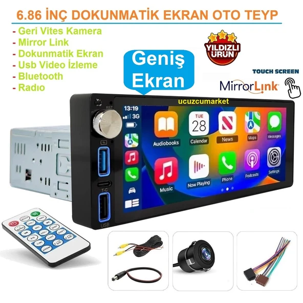 6.86 Inç Dokunmatik Geniş Ekran Oto Teyp (Geri Vites Kamera+Bluetooth+Mirror Link) ürün görseli 1