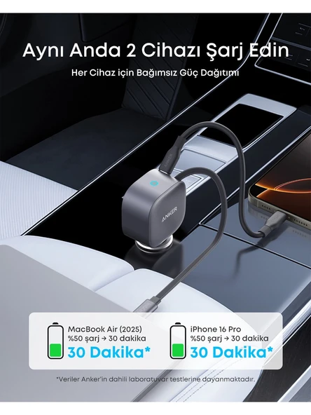 ANKER A2738 NO.1 75W 8A 2 in 1 USB-C Cluetter Free Car Charger Built-İn Rerractable Araç Şarj Aleti ürün görseli 1