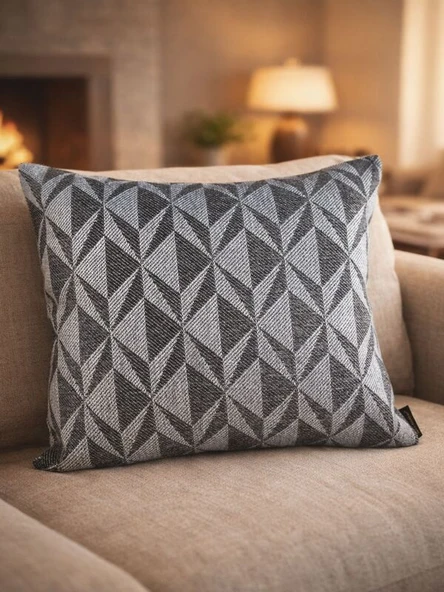 Mrs Gugar 43x43 Keten Kırlent Kılıfı Açık Gri Antrasit Geometrik Desenli Dekoratif Yastık Kılıfı ürün görseli 1