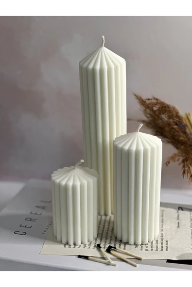 ÇAKRA Dekoratif Üçlü Set Çizgili Silindir Sütun Kokulu Vegan Soya Mum ürün görseli 1