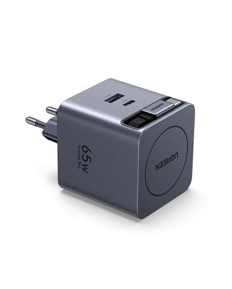 UGREEN 65W Makaralı Dahili Kablolu GaN Hızlı Şarj Cihazı, 2xUSB-C, 1xUSB-A, Gri, 65825 ürün görseli 1