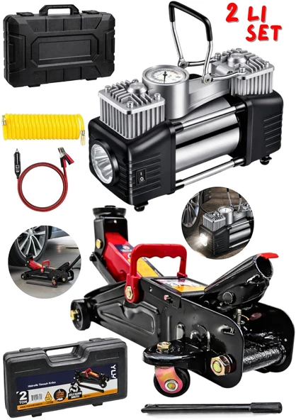 2 Ton Hidrolik Kriko Ve Çift Pistonlu Şişirme Kompresörü 2 li Set Çanta Hediyeli ürün görseli 1