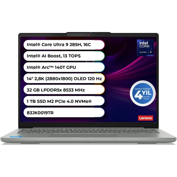 IDEAPAD Pro 5 14IAH10 ULTRA 9 285H 32GB LPDDR5X 8533 MHz 1 TB Gen 4 M2 SSD Freedos 14" OLED 2.8K 83JK0019TR ürün görseli 1