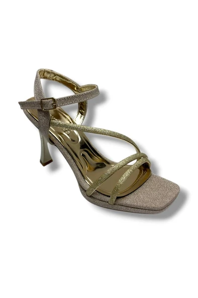 Erbay 688-26 Parlak Simli Saten 3 Bant Orta Topuk Kadın Sandalet(10cm) ürün görseli 1