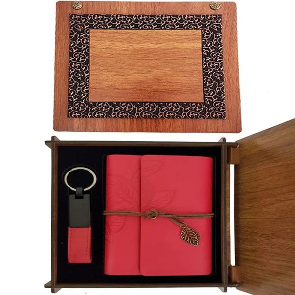 Ahşap Kutulu Kırmızı Deri Defter Ve Anahtarlık Set ürün görseli 1