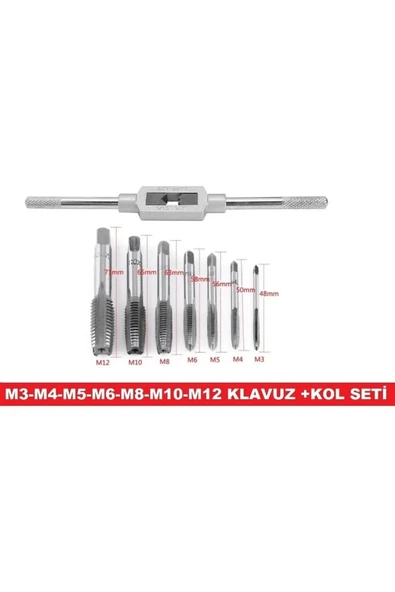 Klavuz Açma Seti+kol M3-m4-m5-m6-m8-m10-m12 Metrik Diş Açma Klavuzları ürün görseli 1