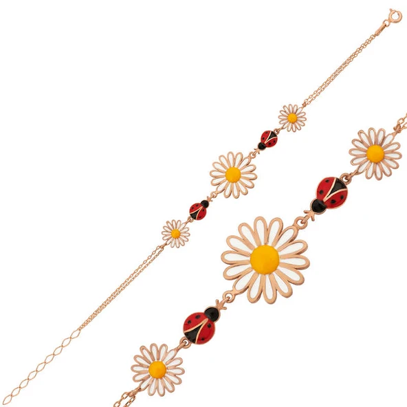 925 Ayar Gümüş Rose Uğur Böcekli Papatya Bileklik ürün görseli 1